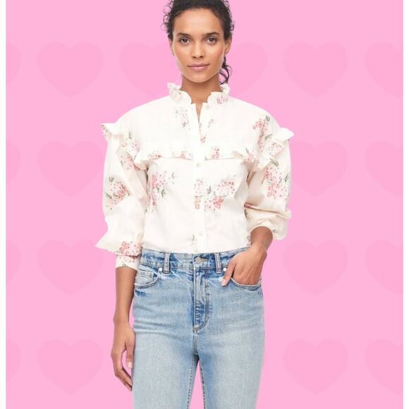 Rebecca Taylor Maia Ivory & Pink Floral Ruffled Victorian Cotton Blouse Sz 10 L - Picture 2 of 12